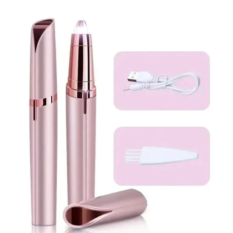 A pink portable electric trimmer for eyebrows and facial hair, shown with various attachments.