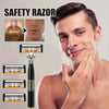 A man is shown next to a safety razor and multiple blades, demonstrating the grooming product.