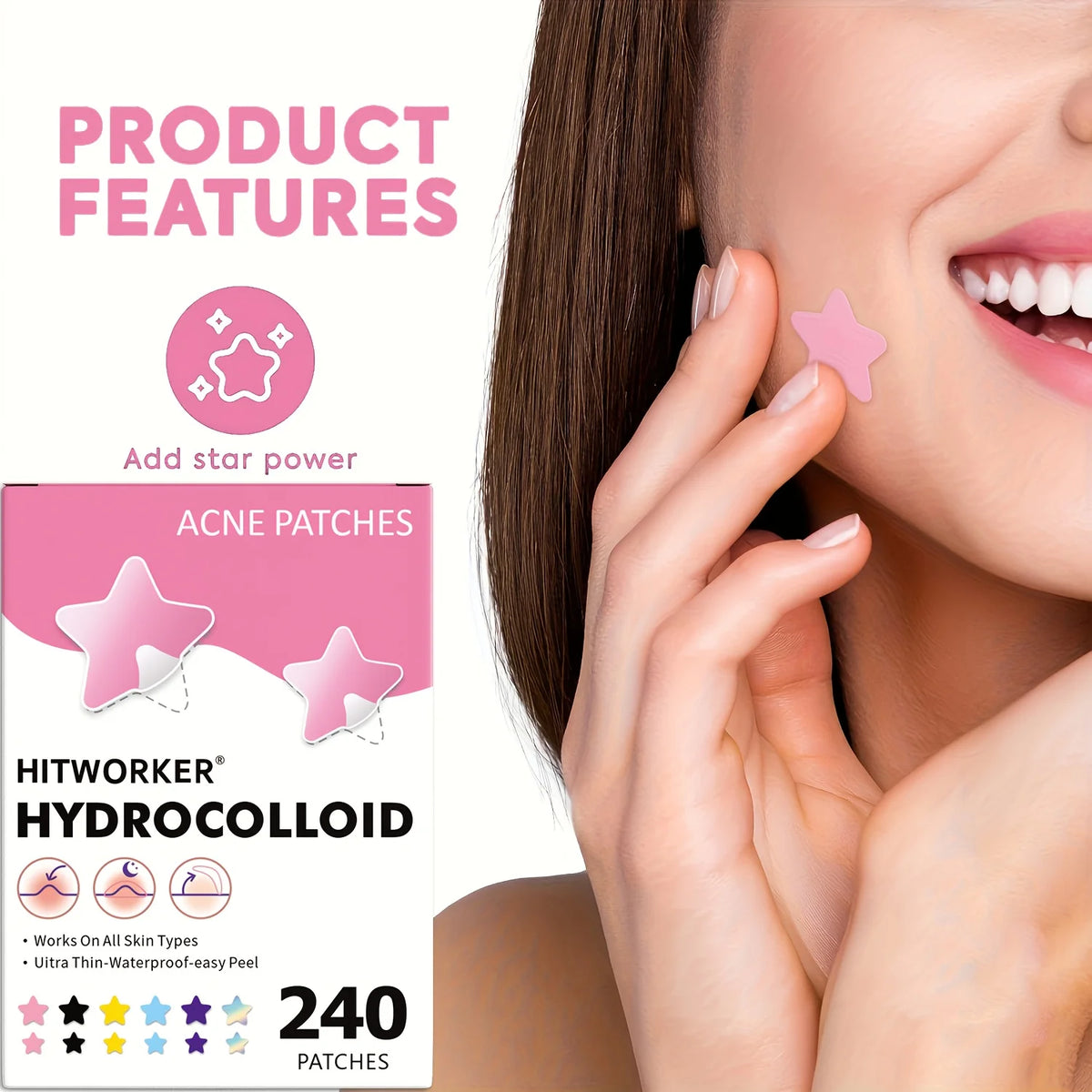 Une main applique un pansement hydrocolloïde en forme d'étoile rose sur la joue d'une femme, à côté d'une boîte de Hitworker 