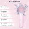 Cepillo facial eléctrico de silicona rosa con cinco modos de velocidad para diferentes tipos de piel.