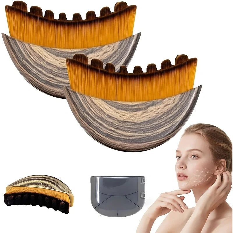 A set of orange and gray lymphatic contour face brushes shown alongside a handheld silver brush.