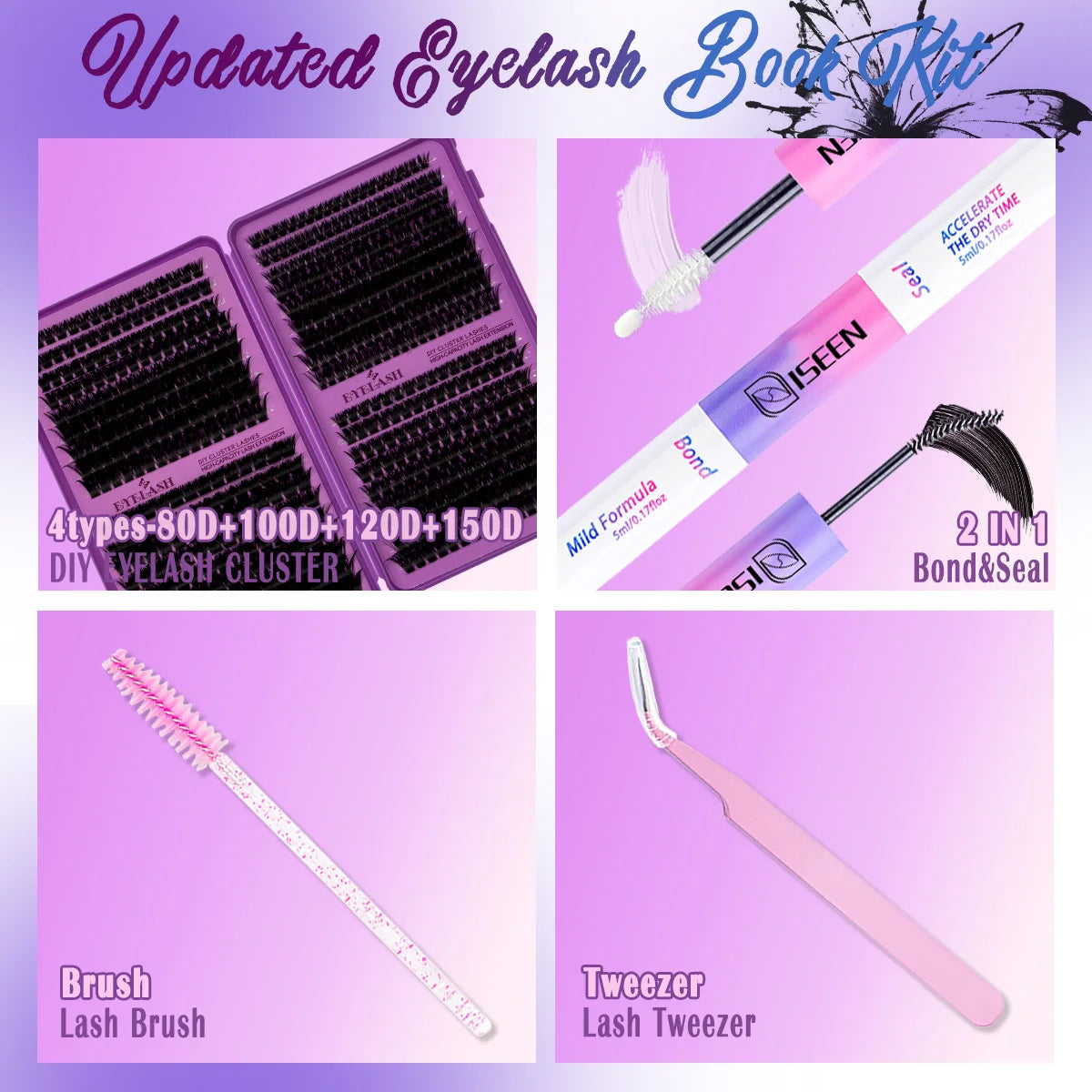 Updated eyelash box kit showing lash clusters, a lash brush, and a tweezer for DIY lash extensions.