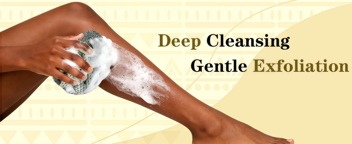 A hand is using an authentic African net exfoliating loofah sponge on dark skin.