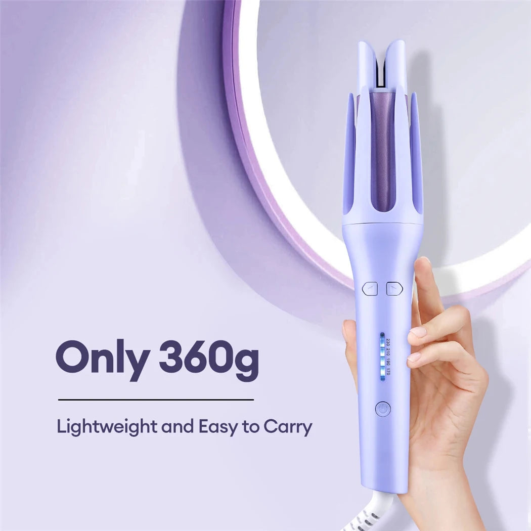 A hand holds a purple professional automatic ceramic curling iron against a light purple background.