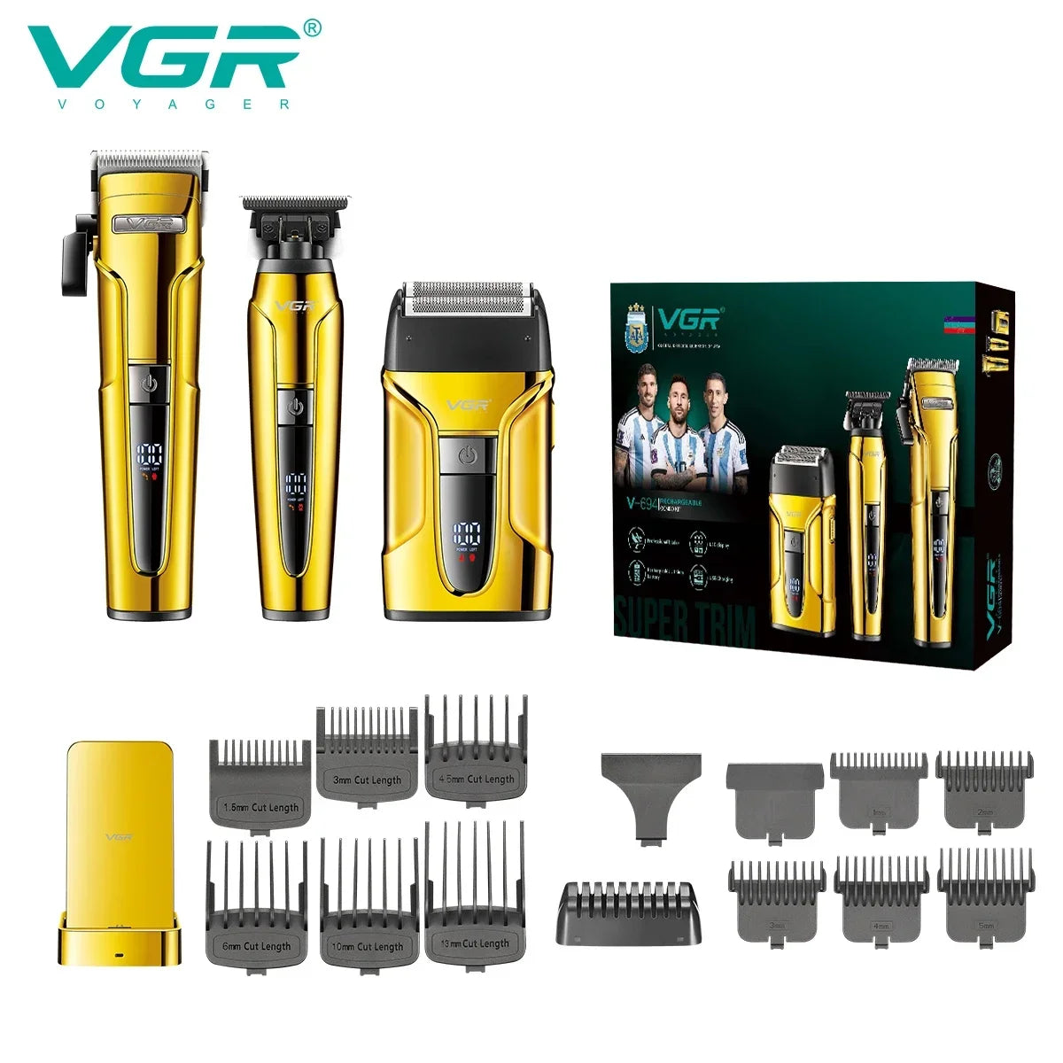 A set of professional electric hair and beard trimmers in gold and black packaging.
