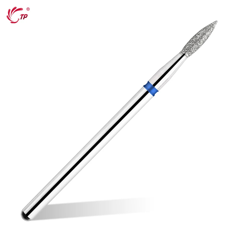 A silver diamond nail drill bit with a blue accent, shown diagonally.