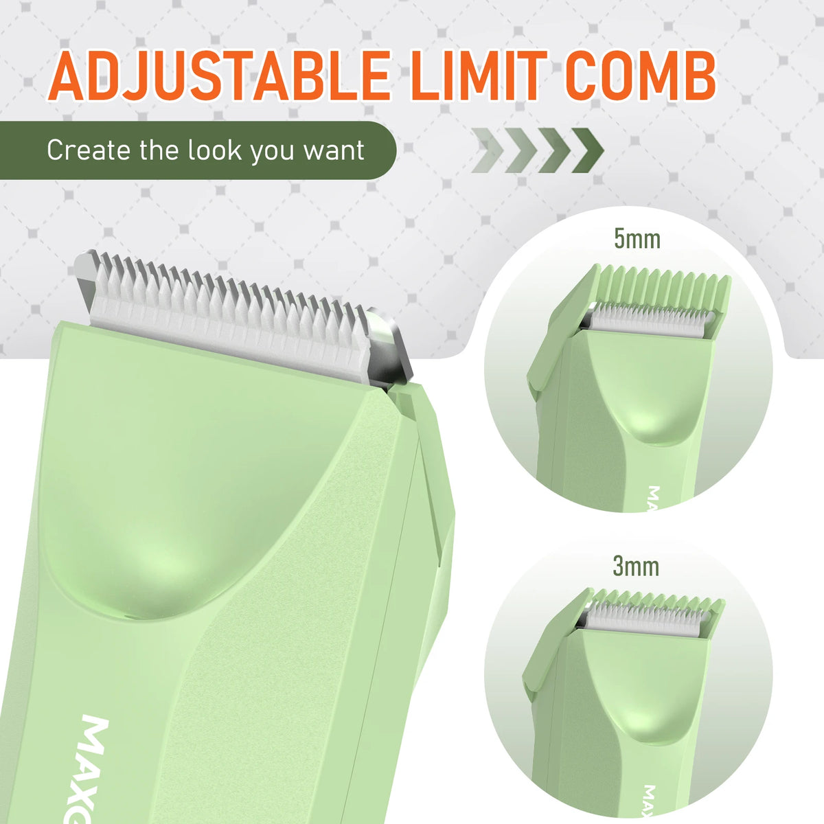 A close-up view of a light green adjustable limit comb trimmer with interchangeable blades.