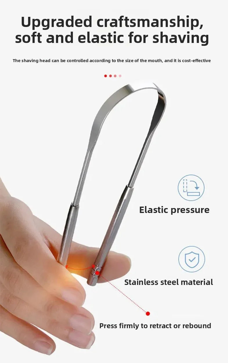 A hand holds a stainless steel U-shaped scraping tool designed for shaving, demonstrating elastic pressure and a secure grip.