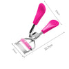 A pink pro makeup eyelash curler tool with a metal clamp and plastic curler arms.
