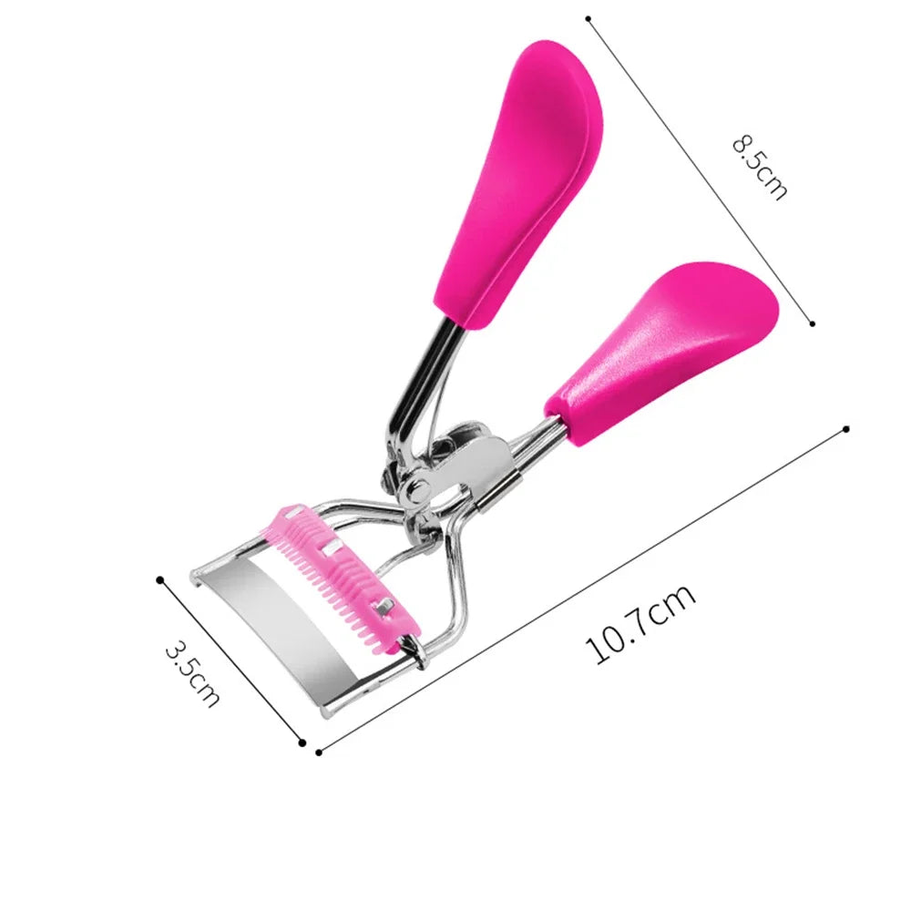A pink pro makeup eyelash curler tool with a metal clamp and plastic curler arms.