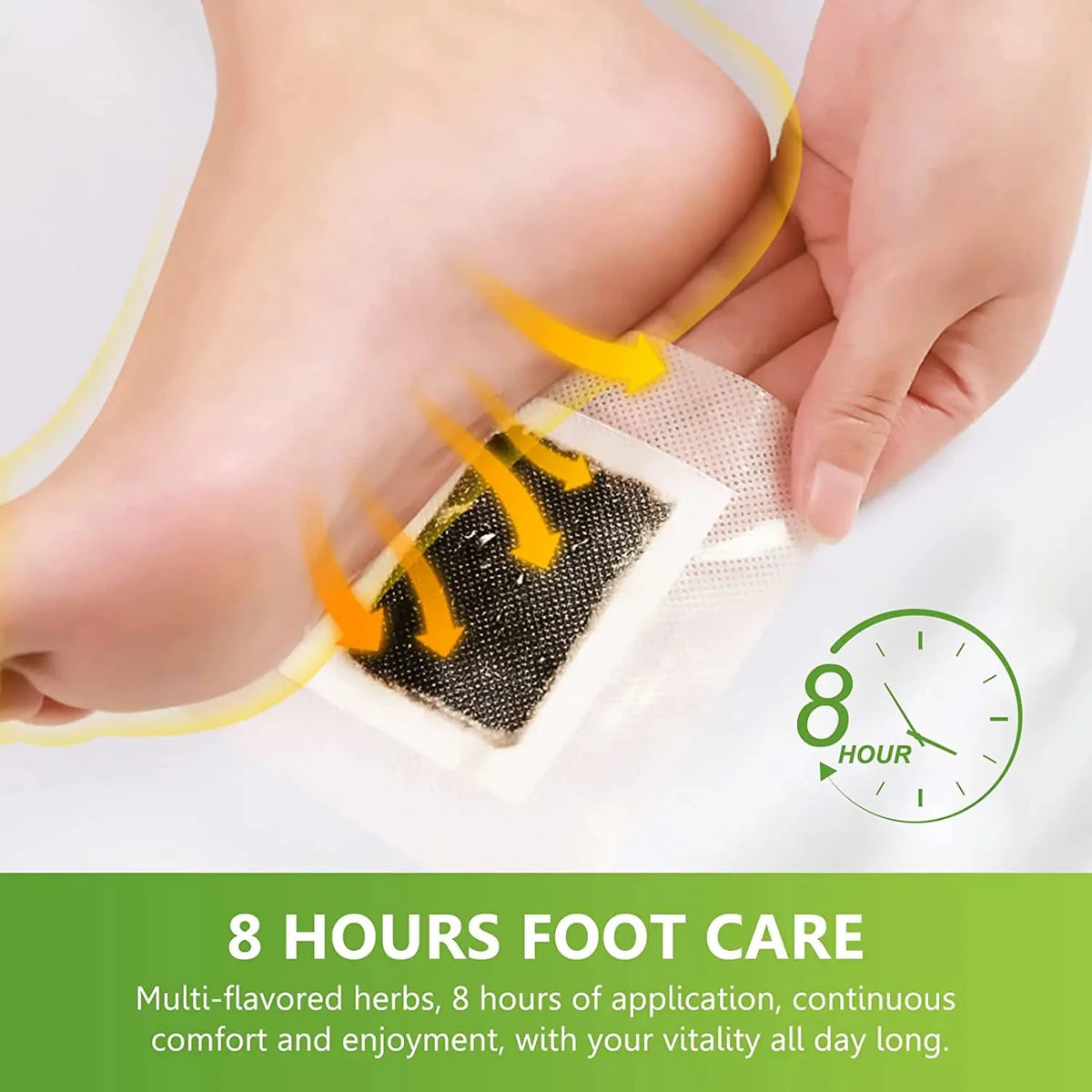 Hand applying detox foot patches to the sole of a foot for 8 hours of comfort and vitality.