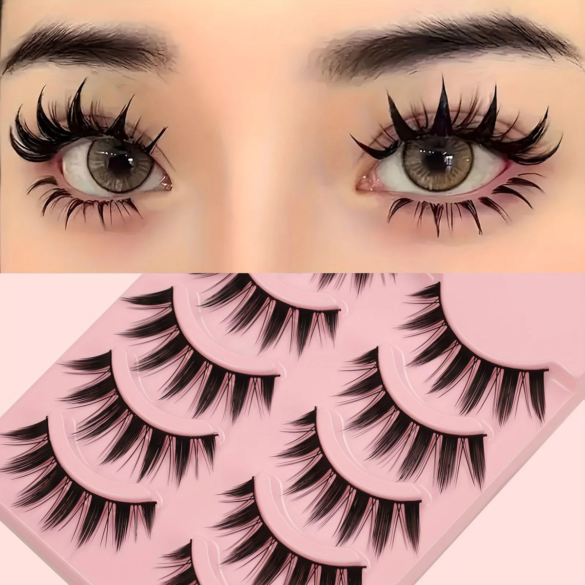 A close-up comparison showing realistic false eyelashes on a model's eye and a sheet of dramatic manga style fake lashes.