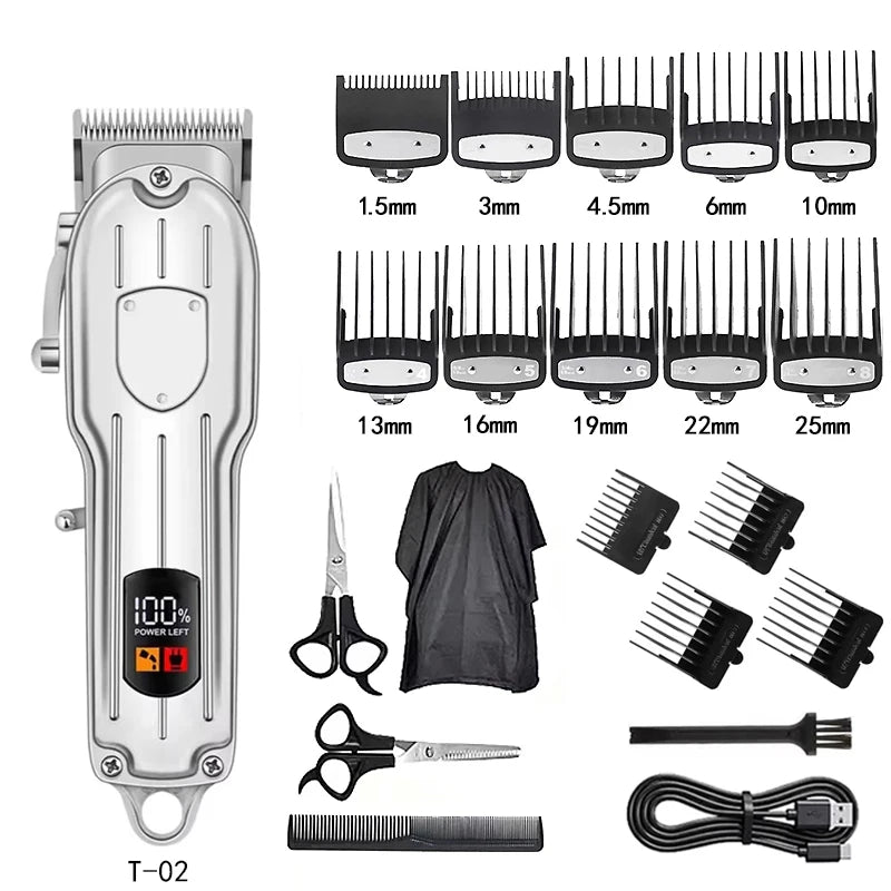 A set of professional cordless hair clipper trimmers including various guard sizes, blades, and accessories.
