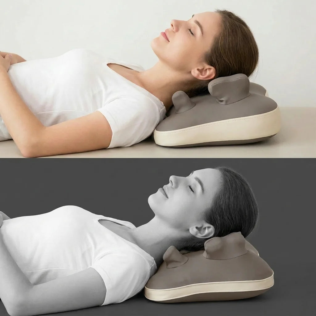 A woman is using a portable shiatsu neck massager pillow for relaxation.