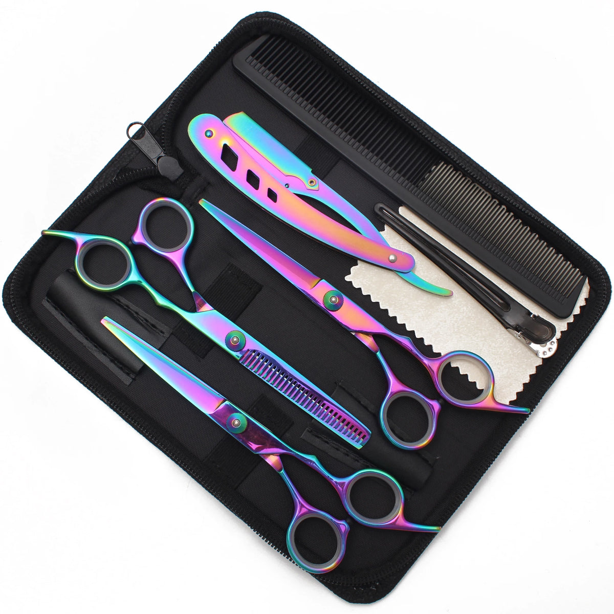 A black case holds a set of professional stainless steel hairdressing scissors and a comb.