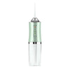 A modern, silver and mint green USB rechargeable dental flosser with a clear plastic tip.