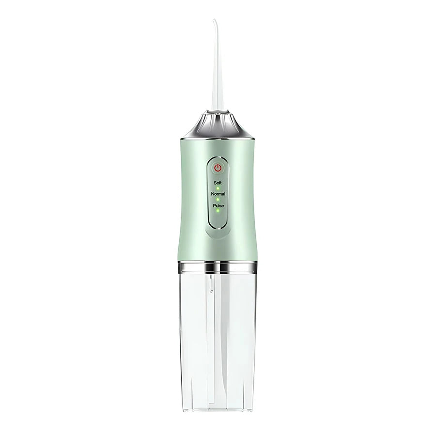 A modern, silver and mint green USB rechargeable dental flosser with a clear plastic tip.
