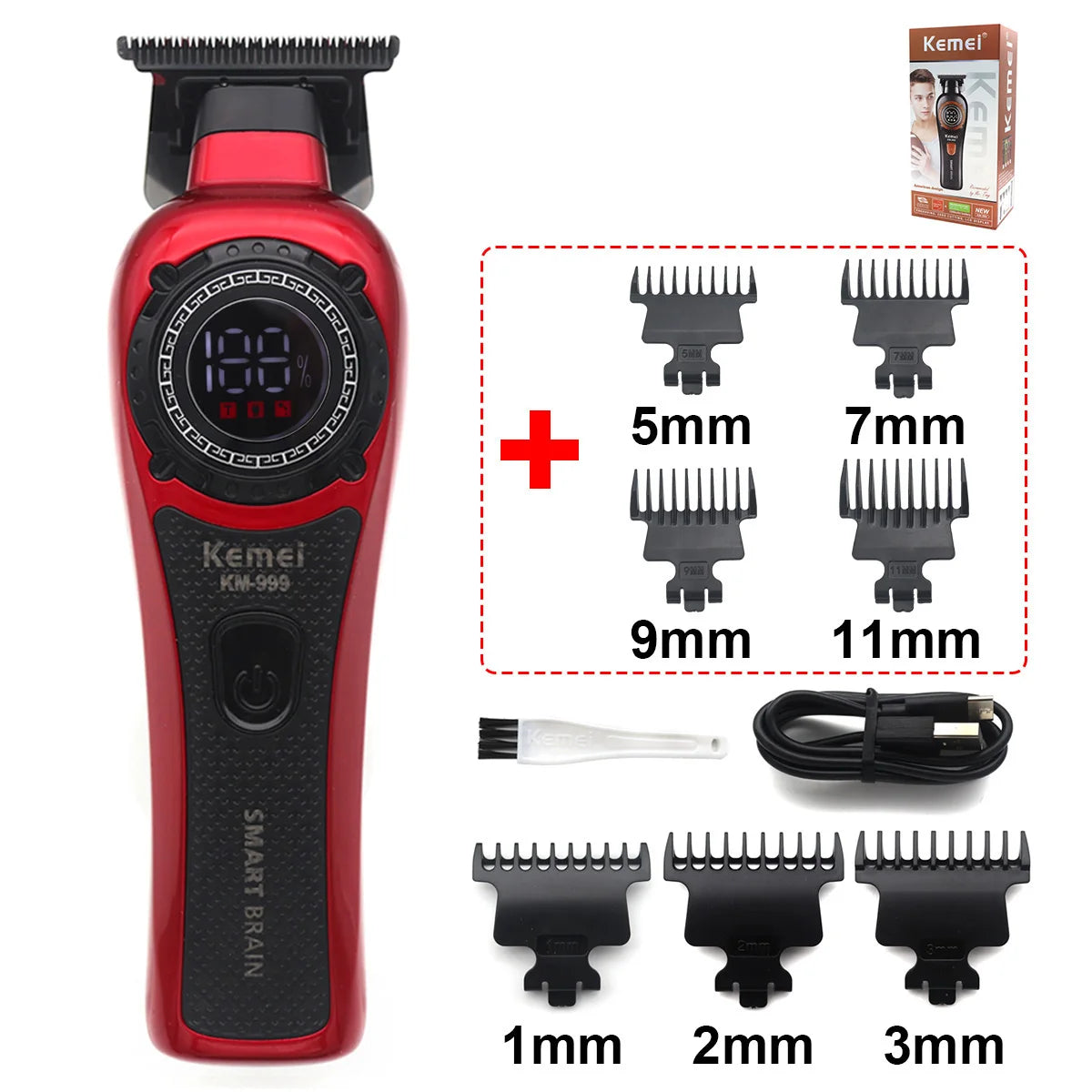 Red Kemei Smart Brain cordless hair trimmer with various guard attachments and charging cable