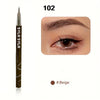 A dark brown liquid eyebrow pen labeled 102 in beige color shown next to an eye.