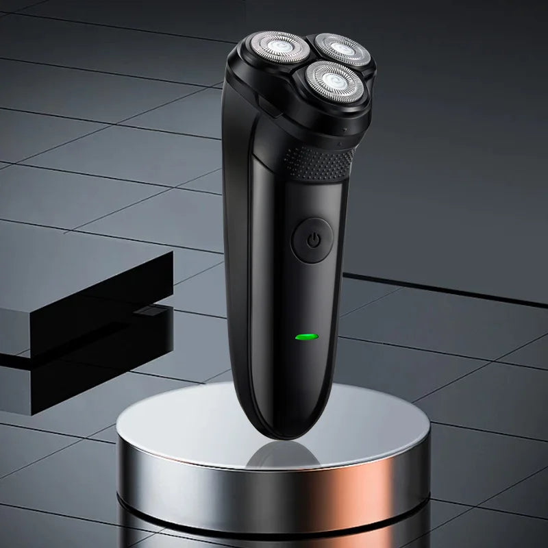 A black intelligent rechargeable electric shaver with three shaving heads is displayed on a silver circular stand.