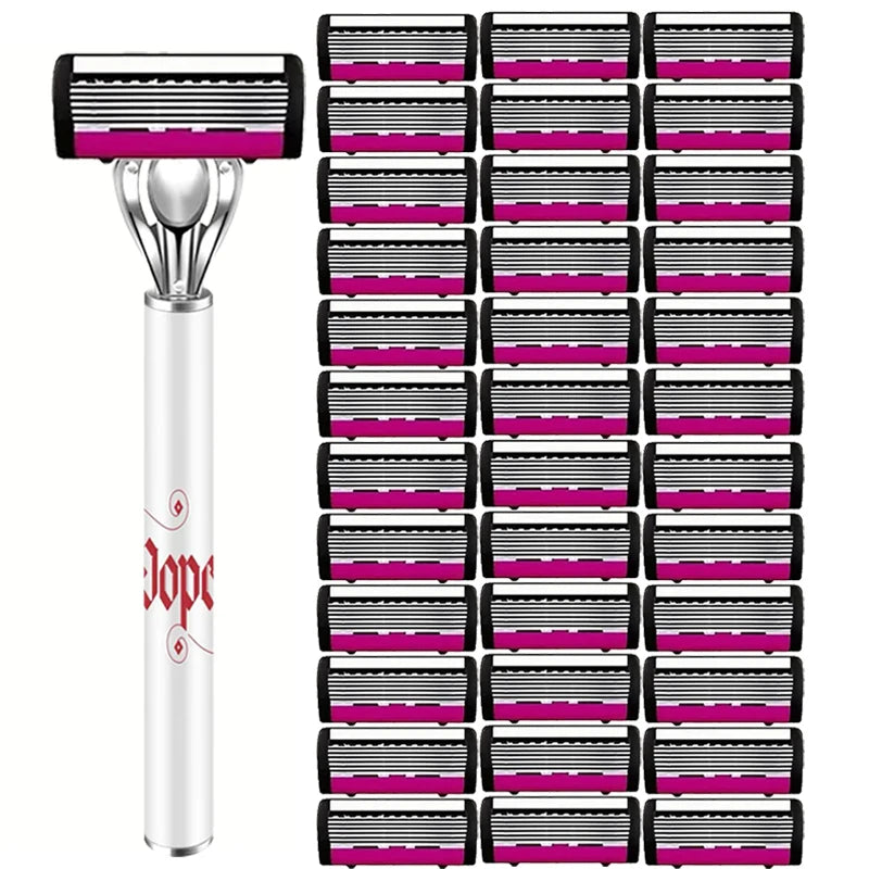 A set of durable stainless steel razors with black and magenta handles displayed vertically.