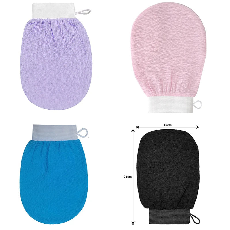 A set of exfoliating body scrubbing gloves in lavender, pink, and blue colors.