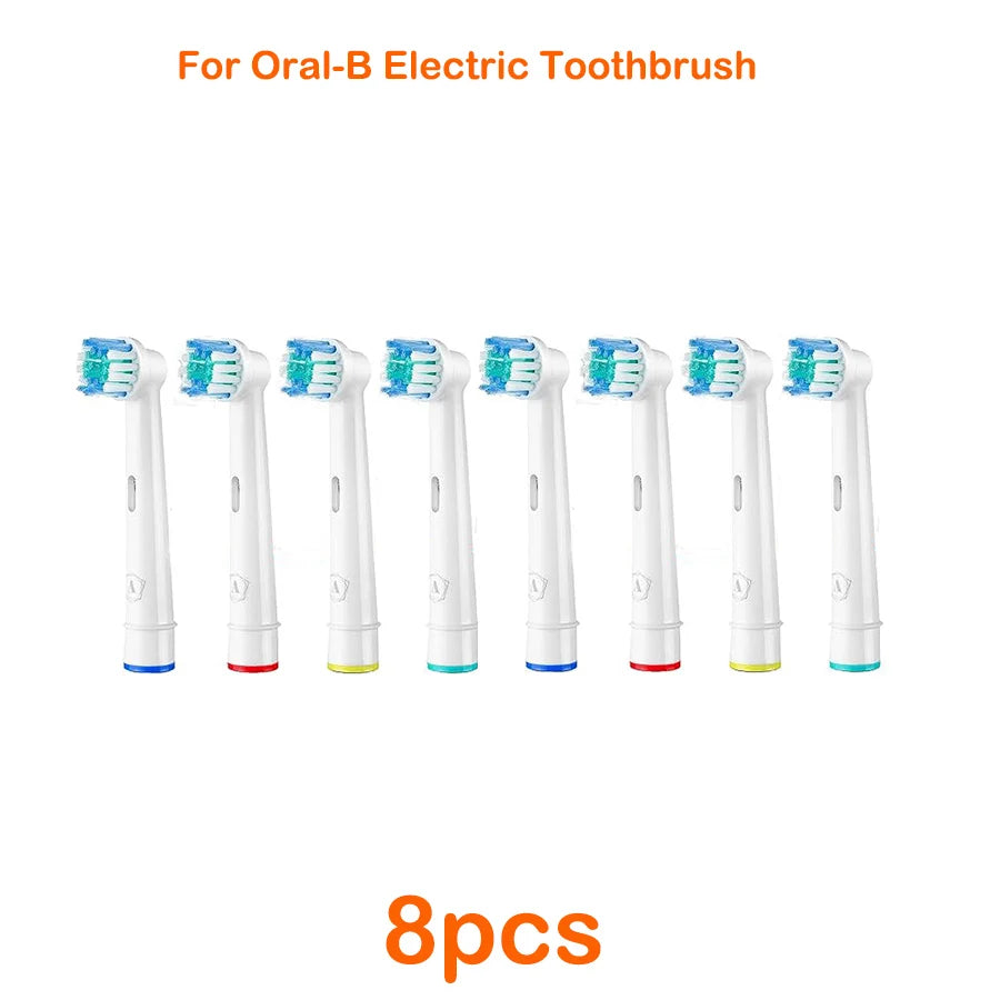 Eight replacement brush heads for Oral-B electric toothbrushes shown in a row.