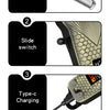 Close-up details of an electric hair clipper including a stainless steel blade, slide switch, Type-c charging port, and LED d