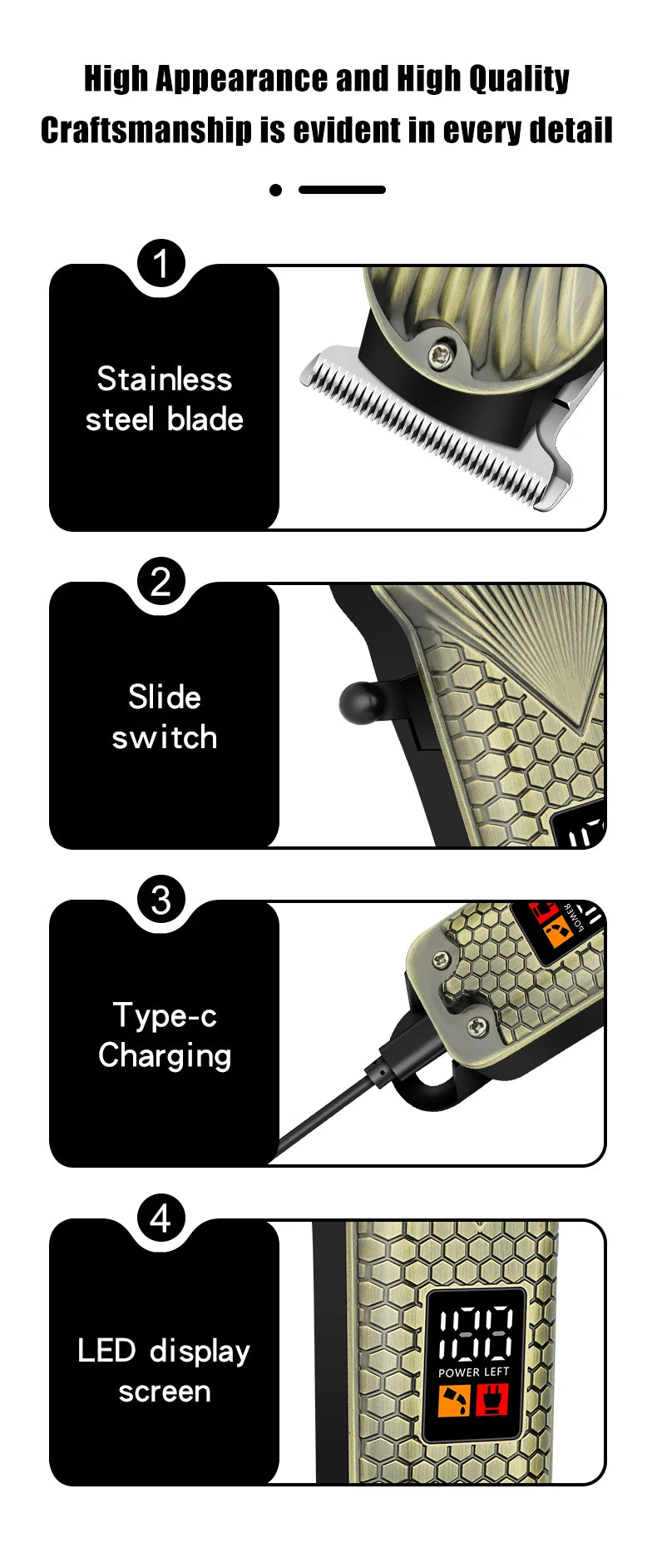 Close-up details of an electric hair clipper including a stainless steel blade, slide switch, Type-c charging port, and LED d