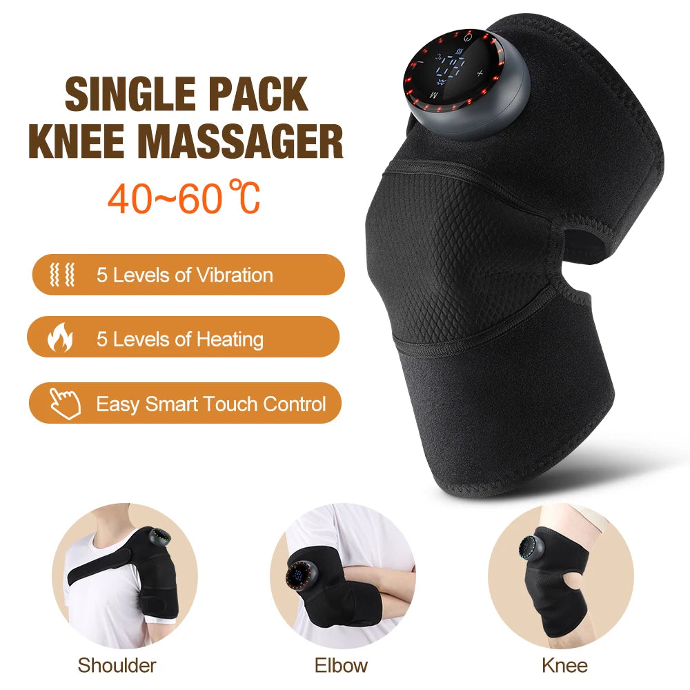 Black electric knee massager with vibration and heating features shown in various application angles.