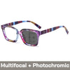Purple and blue photochromic multifocal reading glasses with a dark frame