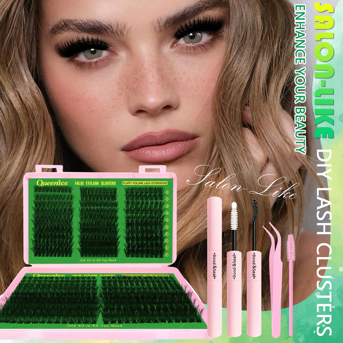A close-up of a model showcasing a Salon-like DIY lash clusters kit with false lashes and tweezers.