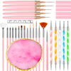 A collection of professional nail art tools including various shaped files, drills, and sculpting instruments in pink and gol