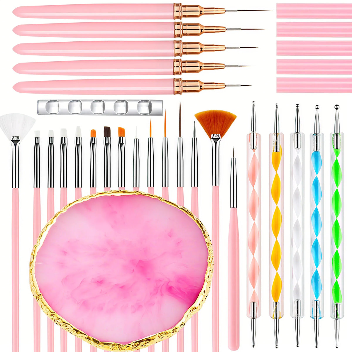 A collection of professional nail art tools including various shaped files, drills, and sculpting instruments in pink and gol