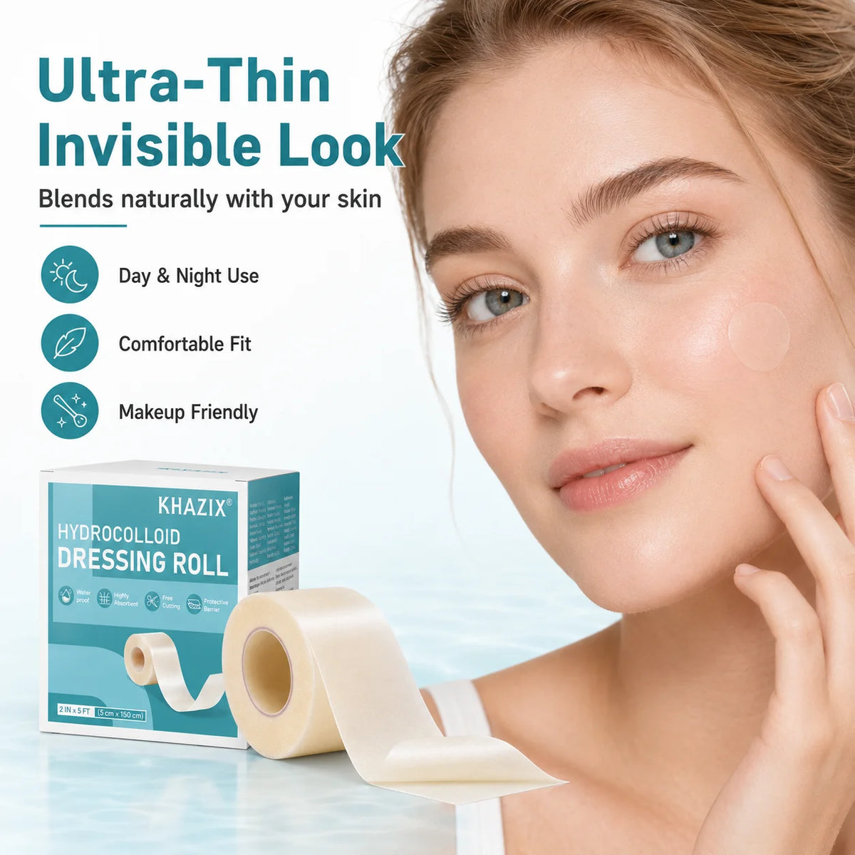 A woman applies a Hydrocolloid Dressing Roll to her skin, demonstrating an ultra-thin invisible look.