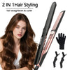 A woman models a black hair styling tool that functions as both a hair straightener and curler.