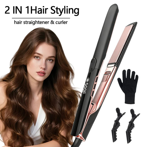 A woman models a black hair styling tool that functions as both a hair straightener and curler.