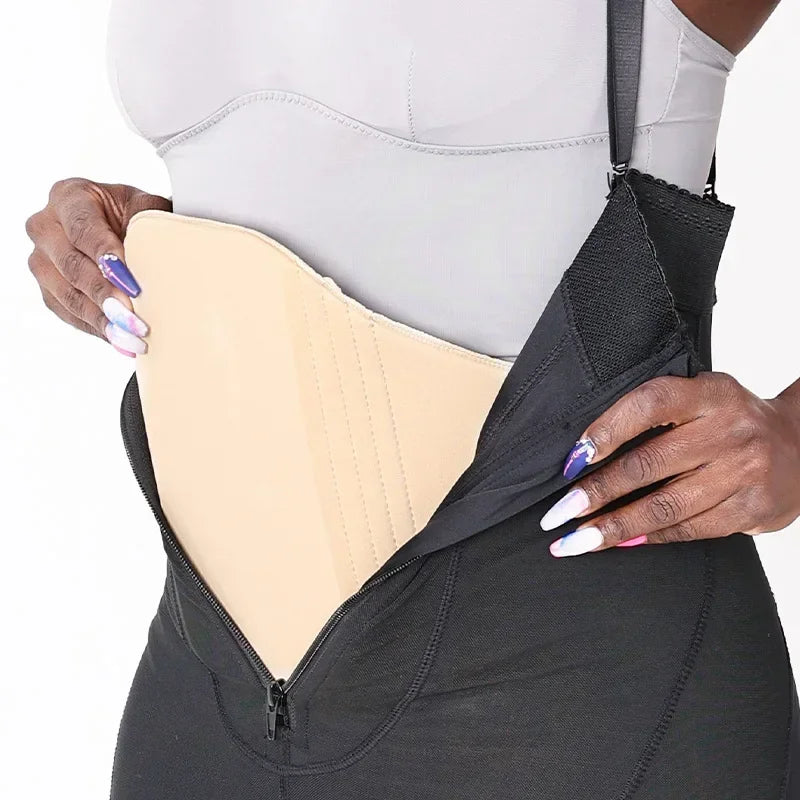 A woman wearing a black garment is holding a beige lumbar molder compression support board.