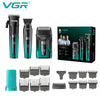 A set of VGR electric hair and beard trimmers including various guards and attachments.