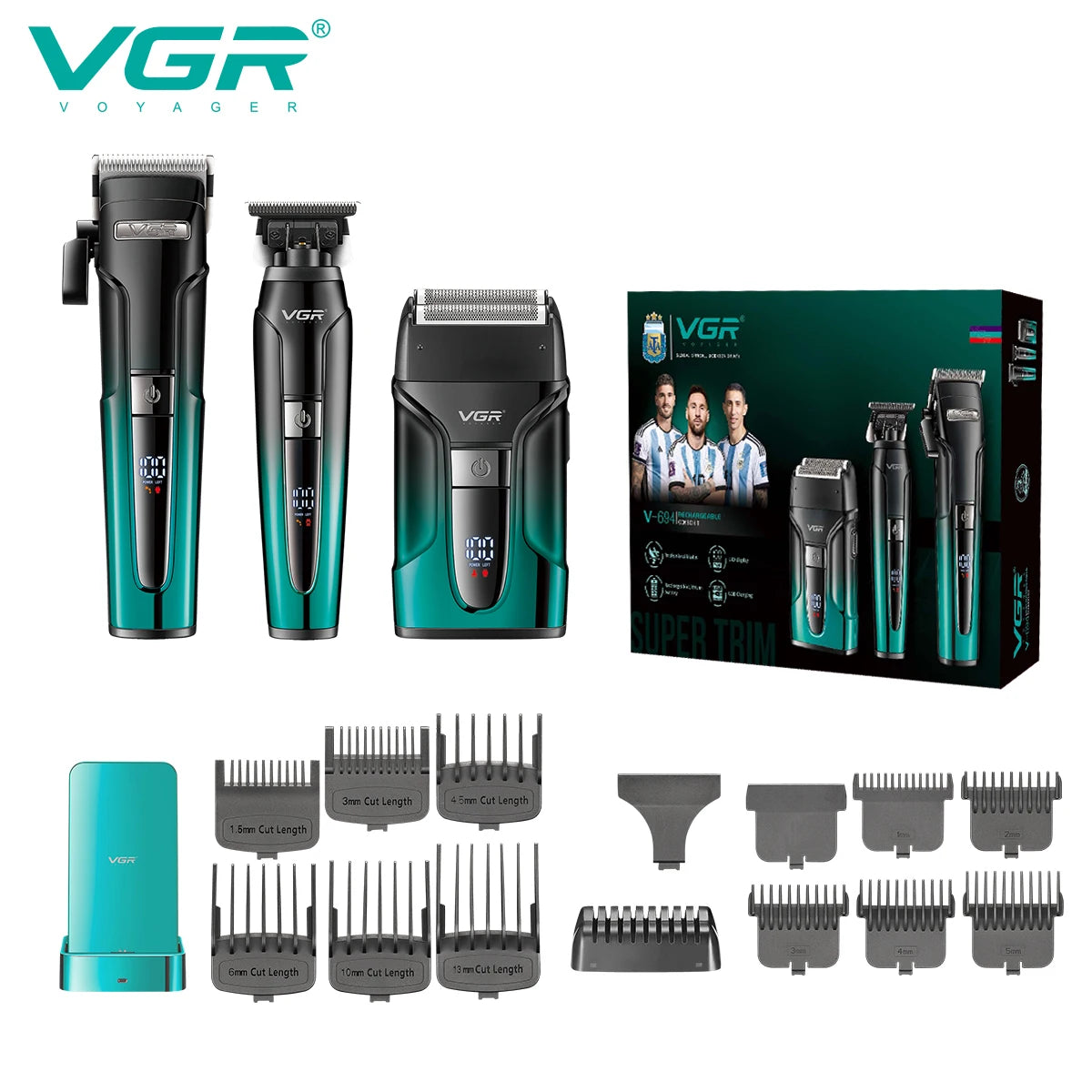 A set of VGR electric hair and beard trimmers including various guards and attachments.