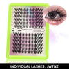 A green plastic case containing individual DIY eyelashes and a close-up of an eye with lashes.