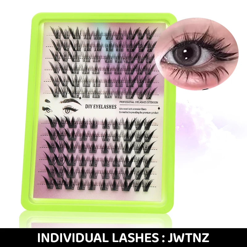 A green plastic case containing individual DIY eyelashes and a close-up of an eye with lashes.