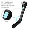 Black folding shaver with an adjustable handle and a blue button visible.