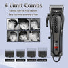 A black cordless hair clipper with four different size attachments shown alongside various hair styles.