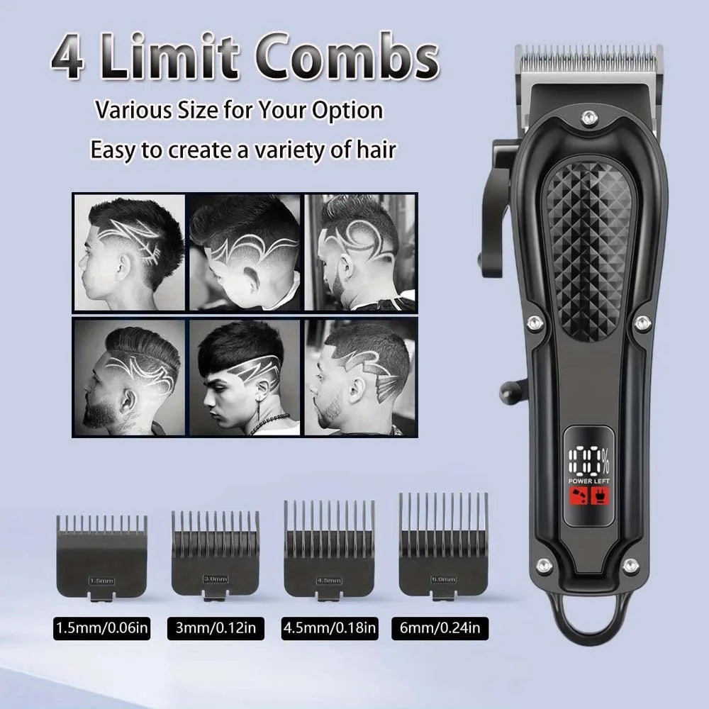 A black cordless hair clipper with four different size attachments shown alongside various hair styles.