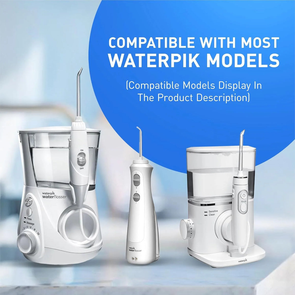 A white water flosser with replacement tips is shown next to a single replacement tip and another water flosser model.