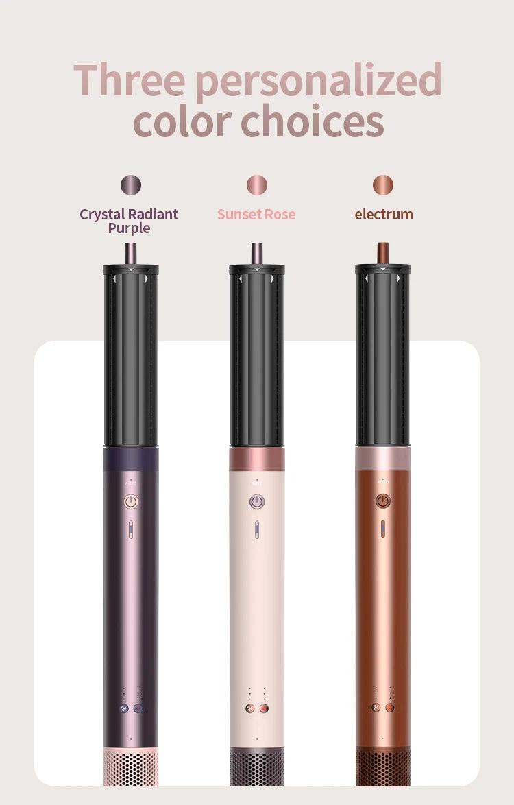 Three hair styling tools in Crystal Radiant Purple, Sunset Rose, and Electrum colors displayed vertically.