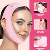 A woman is shown wearing a pink V-Line chin strap for facial slimming, highlighting its high-stick velcro and breathable mesh