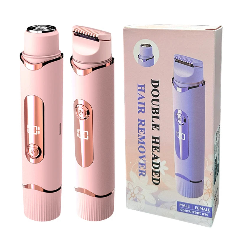 Pink and purple double headed electric hair remover device shown with its packaging box