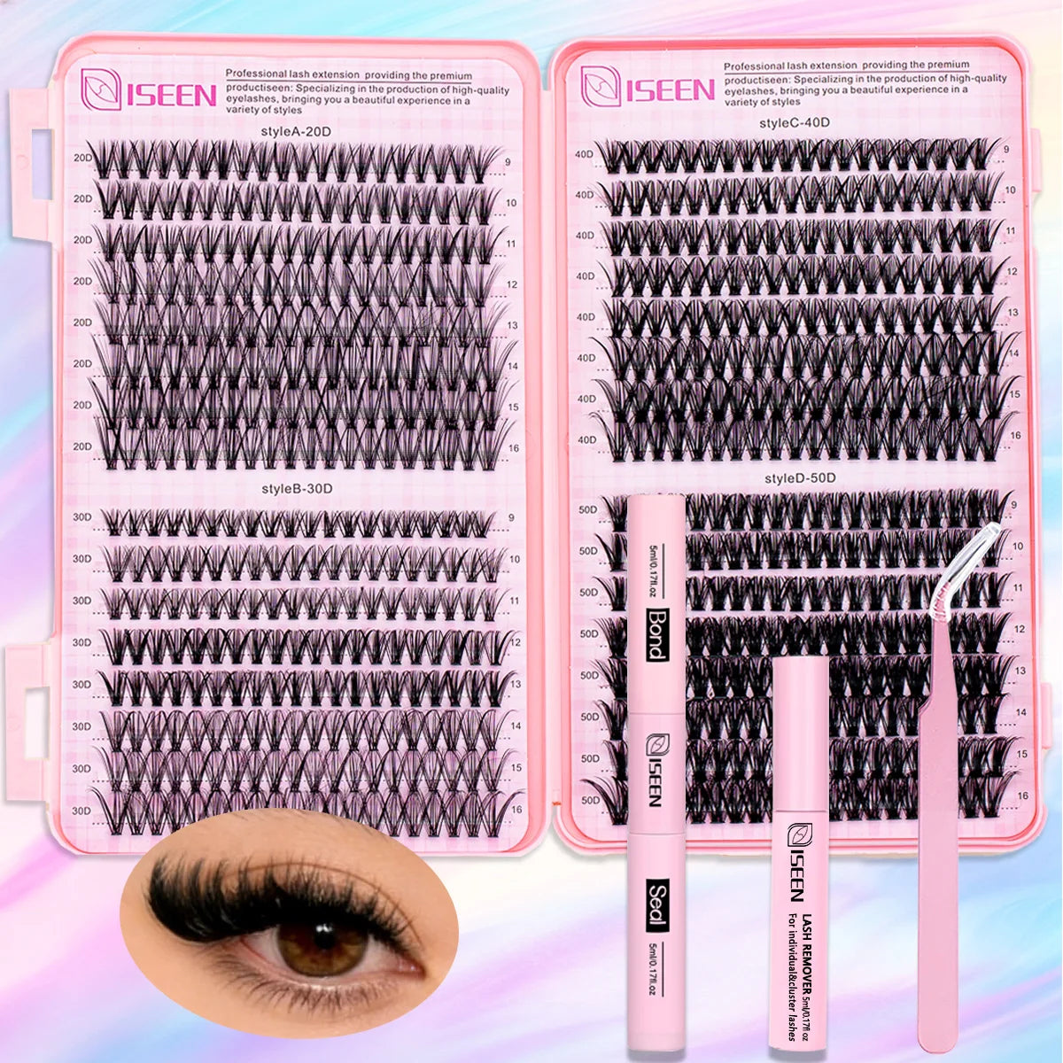 A set of ISEEN professional lash extensions in various styles displayed on a pink plastic case.